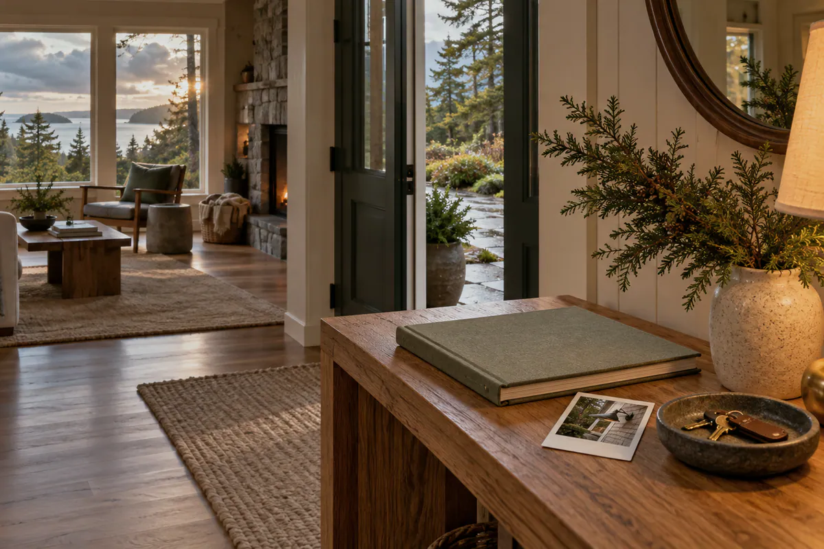 A prepared coastal home with selected evidence ready for an owner's return.